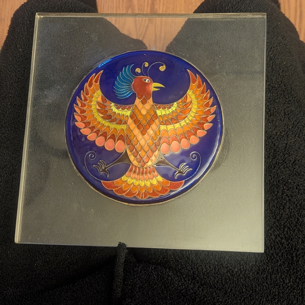 Vintage Signed JH Cloisonné Phoenix Wall Art – Lucite Mounted Enamel Plaque